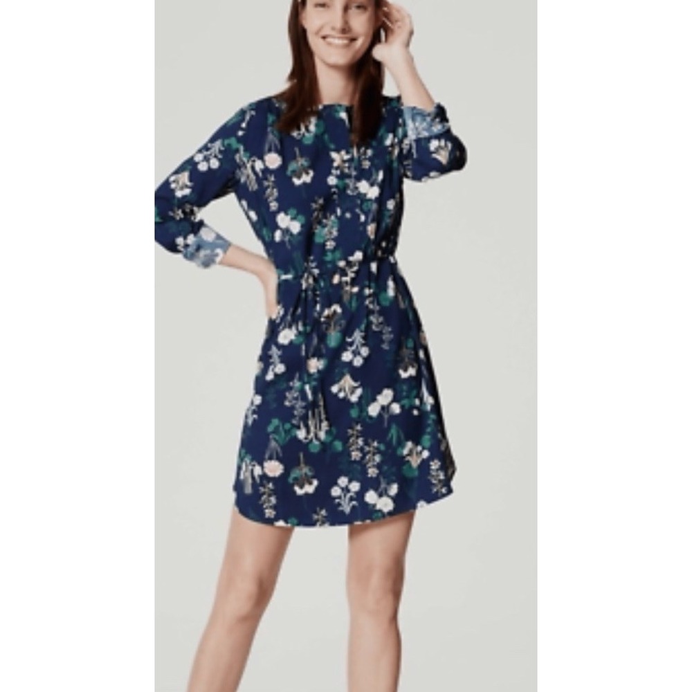 LOFT Navy Floral Long Sleeve Dress